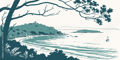 A serene landscape with a tree and a body of water Vector