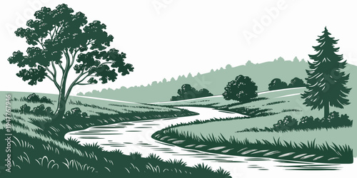 A serene landscape with a winding stream and trees Vector