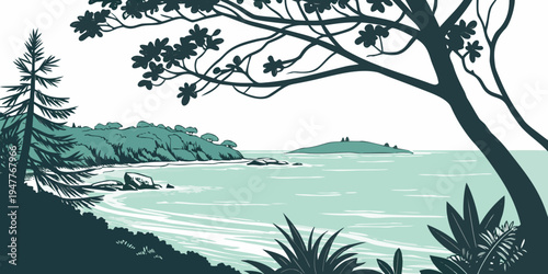 A scenic view of a body of water with trees and foliage Vector