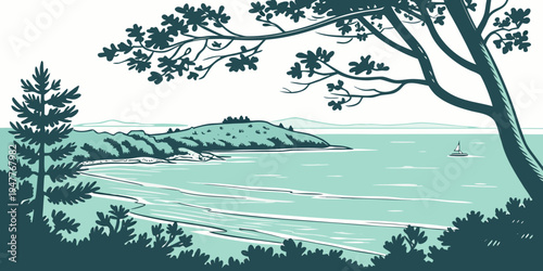 A serene lake scene with trees and a body of water Vector