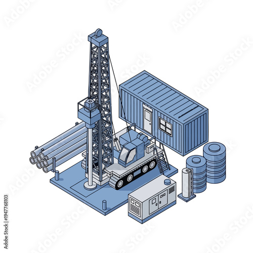 Isometric illustration of a drilling rig with associated equipment, including pipes, a generator, and a portable office container, set against a white background.