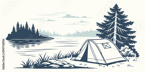 A tent pitched near a tree by the lake Vector