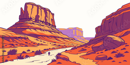 A desert landscape with a river and rock formations Vector