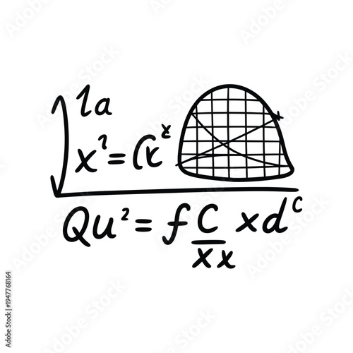 Hand drawn sketch featuring mathematical equations and a parabolic graph