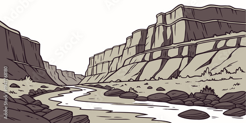 A rocky canyon with a river running through it Vector