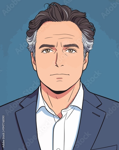 A man stands facing forward wearing a suit and white shirt with a simple background. He looks directly at the viewer with a calm expression.