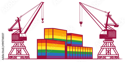 A stack of colorful shipping containers with cranes Vector