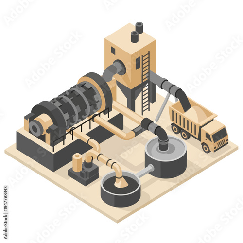 Isometric illustration of an industrial mining and processing plant with a large rotating mill, a processing tower, and a dump truck.