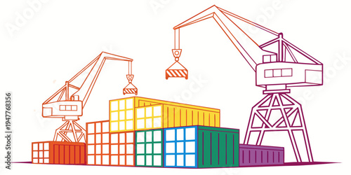 A colorful illustration of cranes and shipping containers Vector