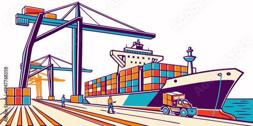 A large cargo ship is docked at a port with cranes Vector