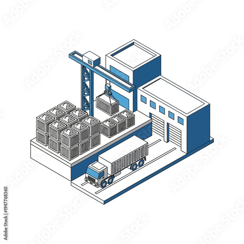 Isometric illustration of a logistics and distribution warehouse with a crane loading containers onto a truck.