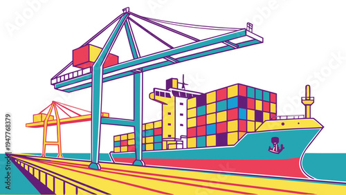 A large cargo ship is docked at a port with containers Vector