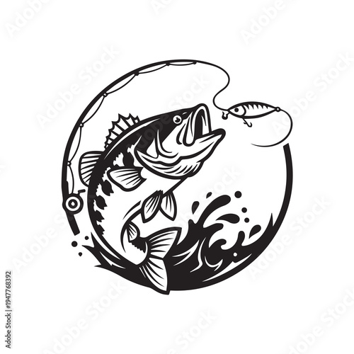 Jumping Bass Fish Catching Lure Vector Illustration, Fishing Rod and Water Splash Silhouette Vector