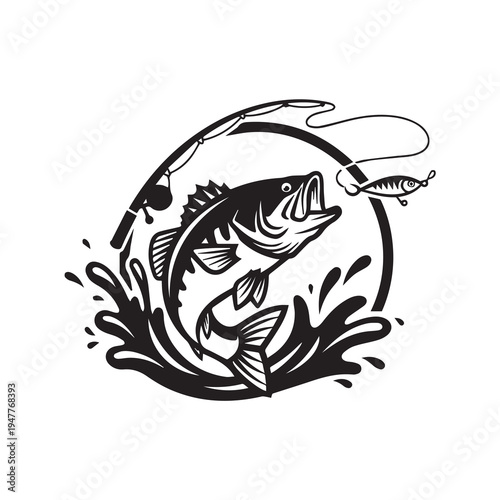 Jumping Bass Fish Catching Lure Vector Illustration, Fishing Rod and Water Splash Silhouette Vector