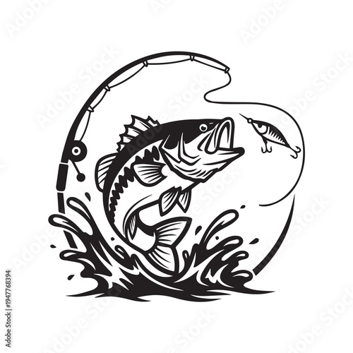 Jumping Bass Fish Catching Lure Vector Illustration, Fishing Rod and Water Splash Silhouette Vector