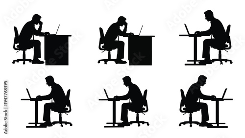 A man sitting at a desk in different positions
