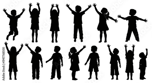 Silhouettes of children raising hands.
