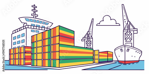 A cargo ship and cranes at a shipping port with colorful containers Vector