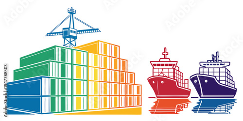 A cargo ship and a cargo port with containers and a crane Vector