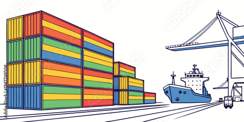 A stack of colorful shipping containers on a dock Vector