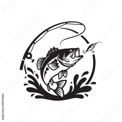 Jumping Bass Fish Catching Lure Vector Illustration, Fishing Rod and Water Splash Silhouette Vector