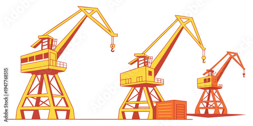 Three yellow cranes on a construction site Vector