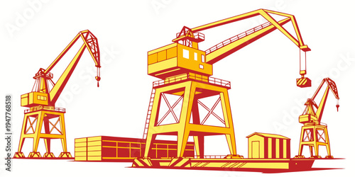 Three industrial cranes on a construction site handling cargo Vector