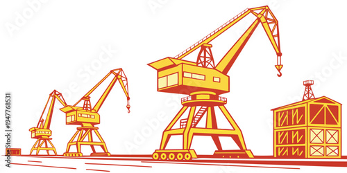 Three yellow cranes on a construction site Vector