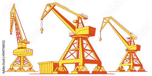 Three industrial cranes standing side by side Vector