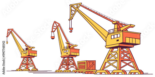 Three yellow and orange cranes on a construction site Vector