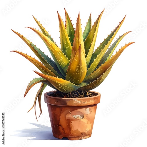 A potted aloe vera plant with long, spiky leaves