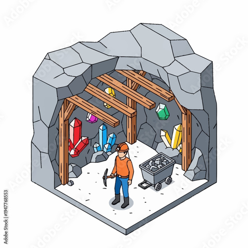 Isometric illustration of a miner in a mine with crystals and a cart full of ore.