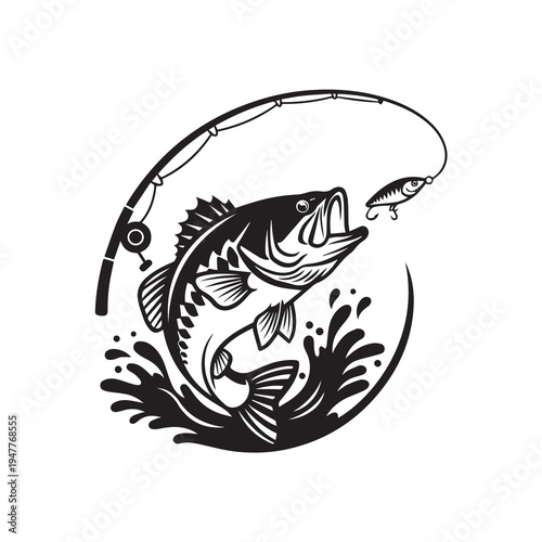 Jumping Bass Fish Catching Lure Vector Illustration, Fishing Rod and Water Splash Silhouette Vector