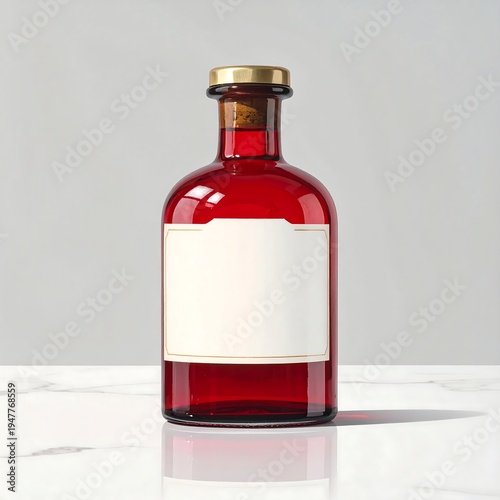 A red glass bottle with a gold cap on a white surface