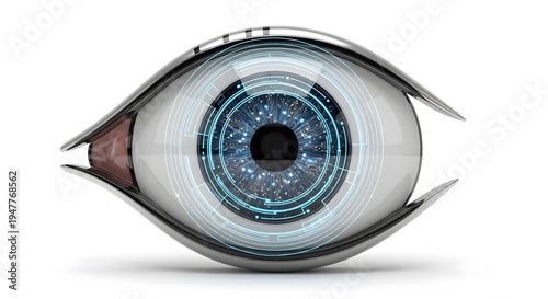 Single 3D icon of a futuristic AI vision eye with holographic scanning rings and digital circuits around the iris, computer vision technology concept