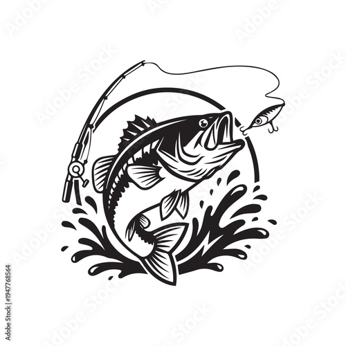 Jumping Bass Fish Catching Lure Vector Illustration, Fishing Rod and Water Splash Silhouette Vector