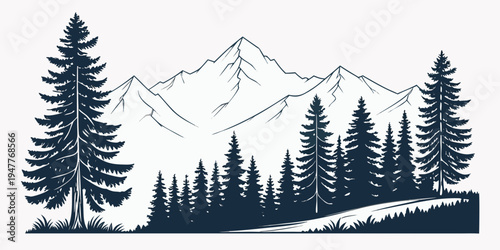 A scenic mountain landscape with pine trees Vector