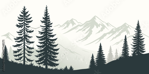 Silhouette of pine trees against a mountain range Vector