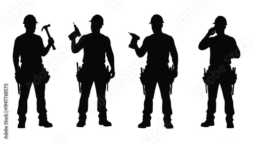 Four construction workers in different poses