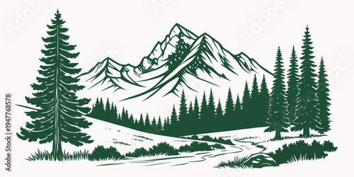 A green silhouette of a mountain range with trees Vector
