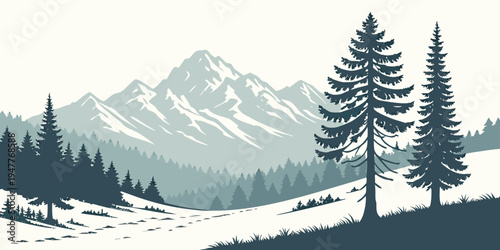 Snowy mountain landscape with evergreen trees Vector