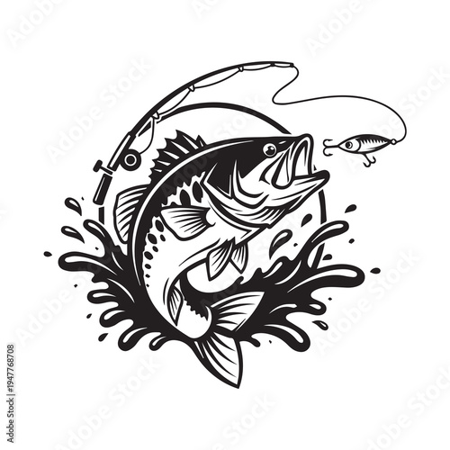 Jumping Bass Fish Catching Lure Vector Illustration, Fishing Rod and Water Splash Silhouette Vector