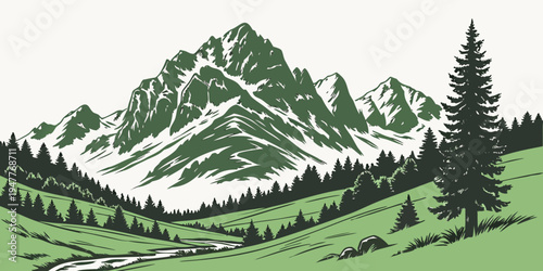 A green mountain landscape with a large mountain and a pine tree Vector