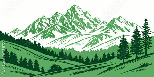 A green landscape with a mountain range and trees Vector