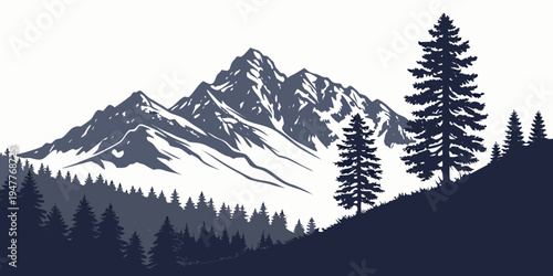 Snowy mountain peaks with trees on a hillside Vector