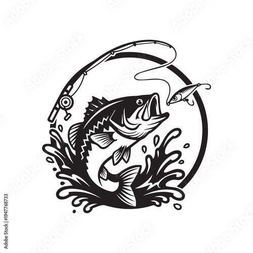 Jumping Bass Fish Catching Lure Vector Illustration, Fishing Rod and Water Splash Silhouette Vector