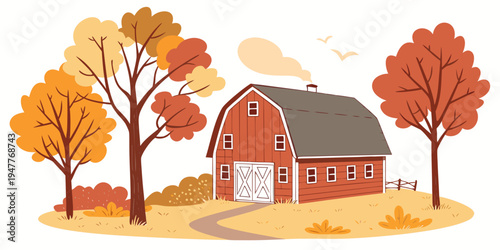 A red barn with trees in autumn colors Vector