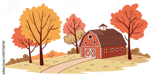 A red barn with a brown roof surrounded by trees Vector