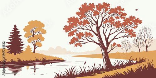 A serene landscape with trees by a lake during autumn Vector