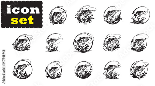 Jumping Bass Fish Catching Lure Vector Set, Fishing Rod and Water Splash Silhouette Vector